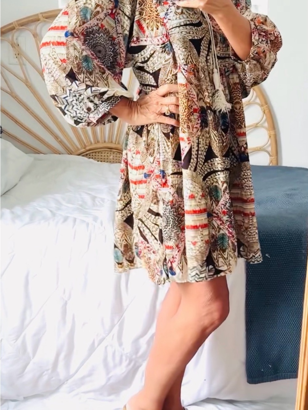 Umgee Multicolor Boho Mini Dress with Puff Sleeves